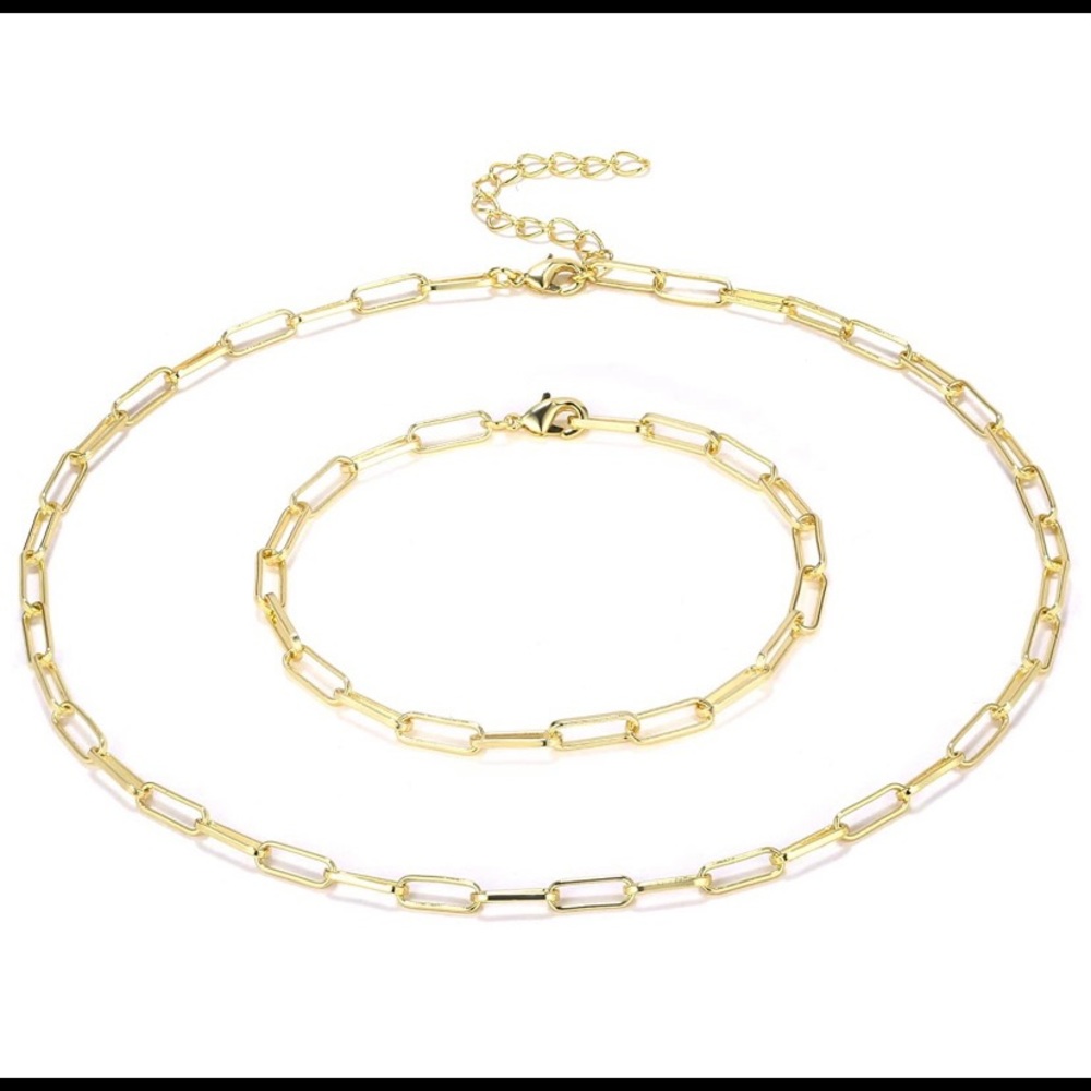 14K Gold-Plated Paperclip Necklace/Bracelet Set